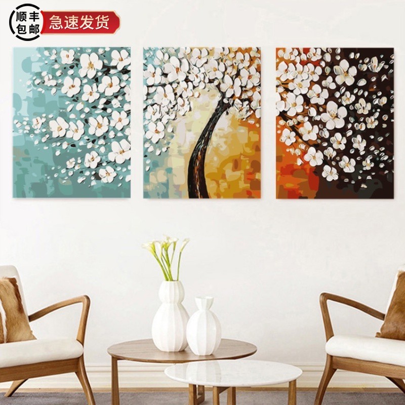 3 bức tranh sơn dầu số hóa tự tô hình cây hoa trải dài nối tiếp- HÀNG ĐẶT TRƯỚC