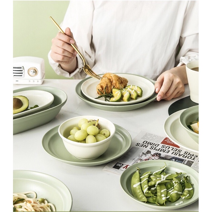 Bộ bát đĩa xanh bơ mix trắng kem phong các Hàn Quốc- gốm morandi cao cấp