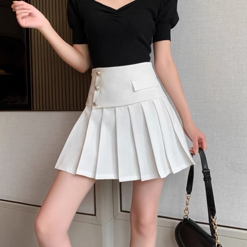 Chân Váy Xếp Ly Lưng Cao Phối 3 Cúc Thời Trang nữ m905
