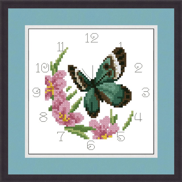 Tranh thêu chữ thập đồng hồ - bộ hoa và bướm - in trên vải