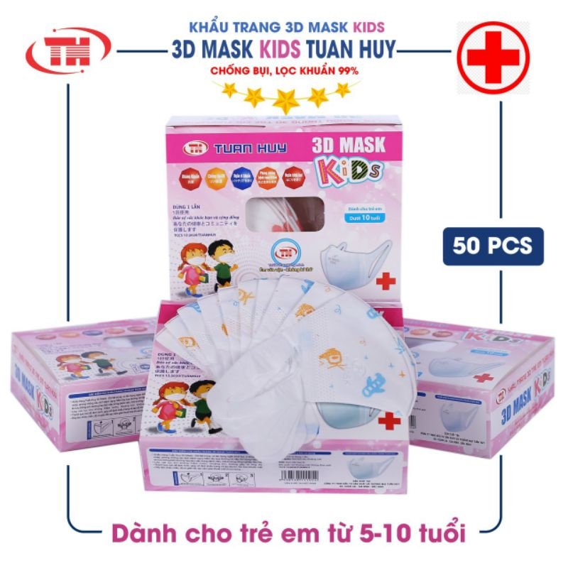 [Hộp 50Cái] Khẩu trang y tế trẻ em 3d Mask Kids 4 lớp Tuấn Huy Masuji Monji Xuân lai. Kháng khuẩn 4D 5D 6D KF94 cho bé.