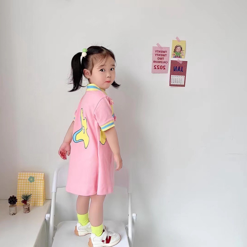 Đầm Thun Cổ POLO Dáng Rộng Họa Tiết Hoa Nhỏ Xinh Xắn Thời Trang Cho Bé Gái