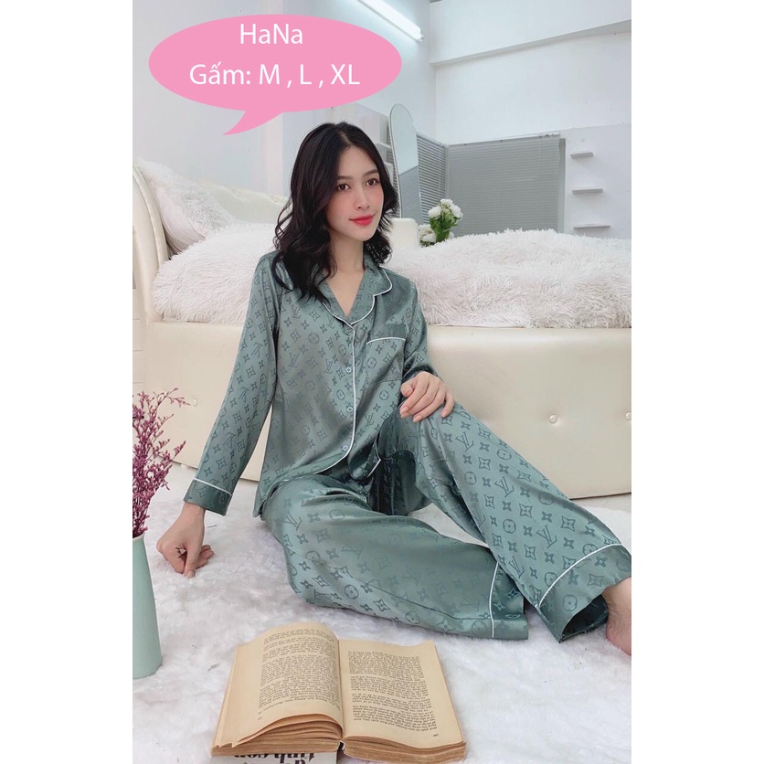 Đồ bộ pijama nữ lụa gấm hoa văn cao cấp quần dài tay dài bigsize 45kg - 80kg