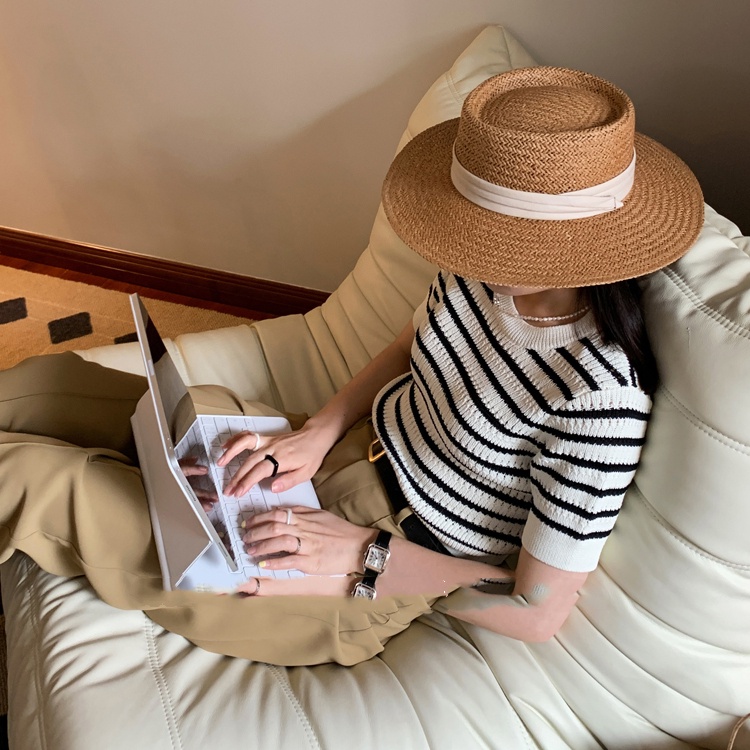 Áo thun SUXI dệt kim ngắn tay cổ tròn họa tiết kẻ sọc thời trang mùa hè cho nữ