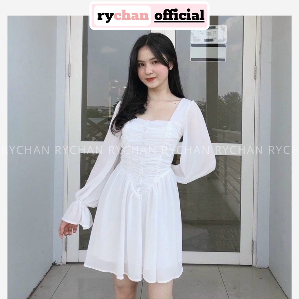 Đầm Nữ Dự Tiệc Cưới Cổ Vuông Tay Dài Nhúng Trước 2 Lớp Dày Dặn Cực Đẹp Màu Trắng - DX9823