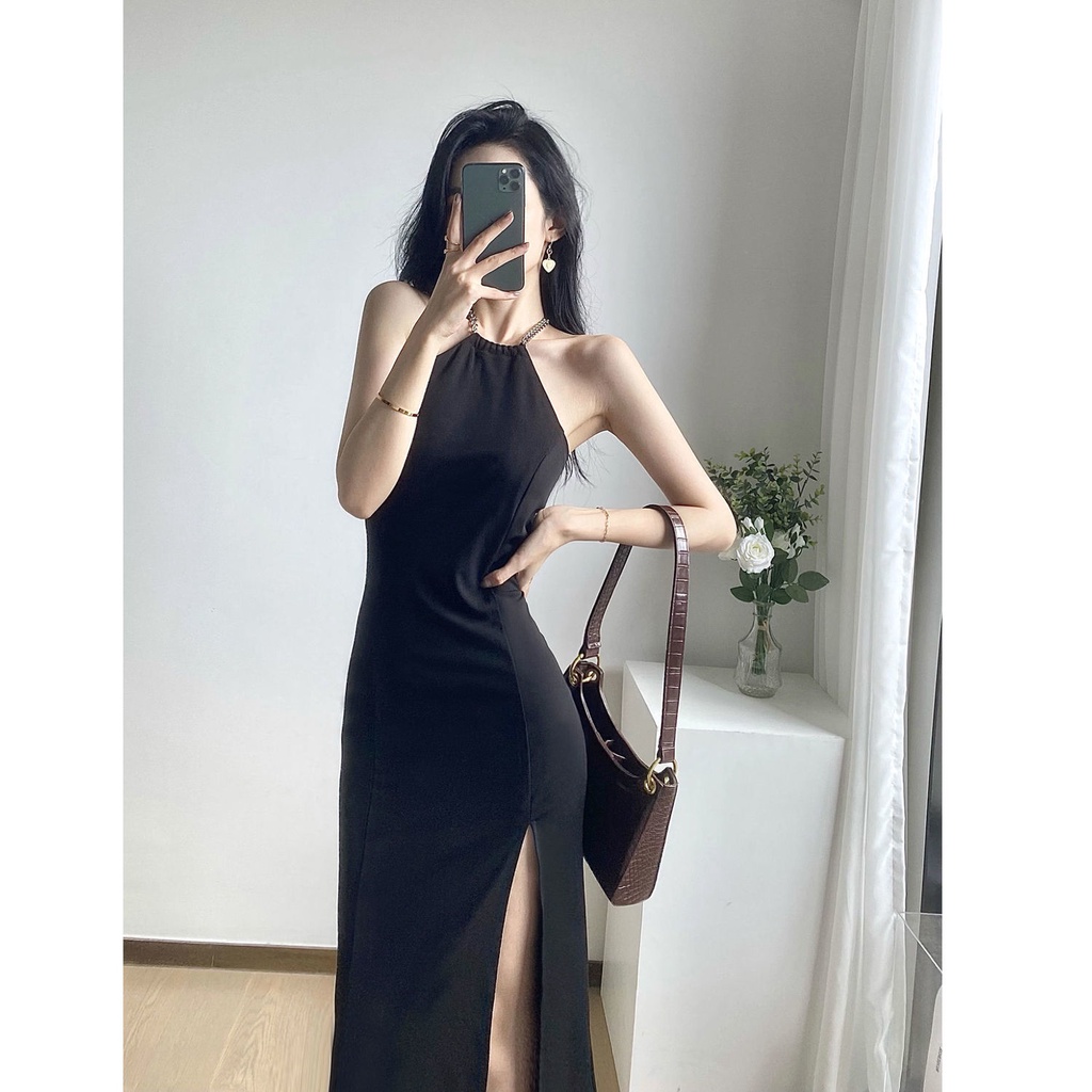 Đầm Hai Dây Dáng Ôm Màu Đen Phong Cách Quyến Rũ Cho Nữ 2023