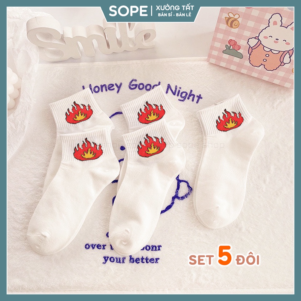Tất vớ nữ cổ ngắn chất liệu cotton co giãn bốn chiều, set 5 đôi họa tiết bắt trend - Sope Shop