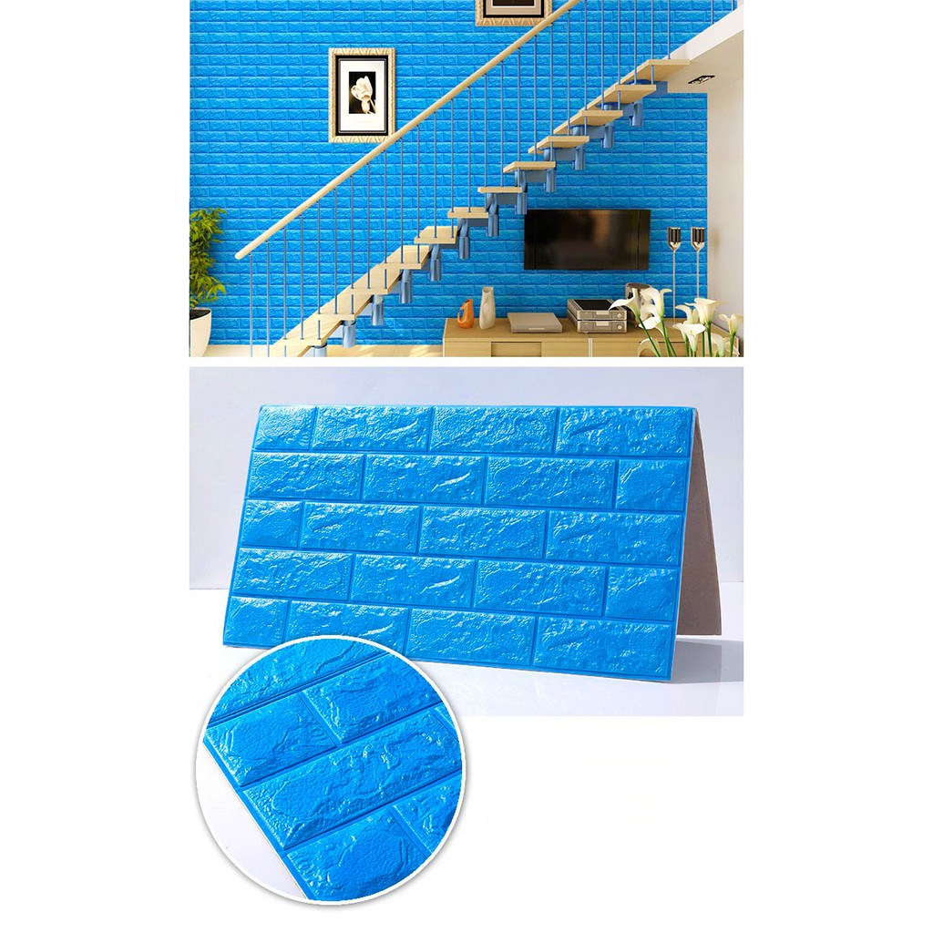 Xốp dán tường màu xanh dương giả gạch 3D loại dày 5mm