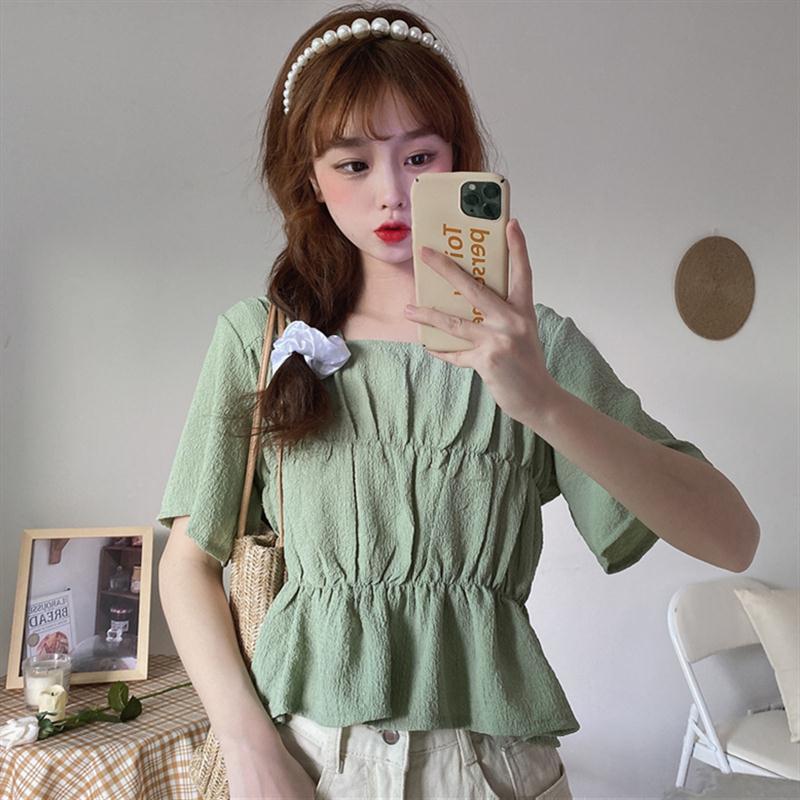 Áo Voan Ngắn Tay Cổ Vuông Xinh Xắn Theo Phong Cách Hàn Quốc 2021 Dành Cho Nữ