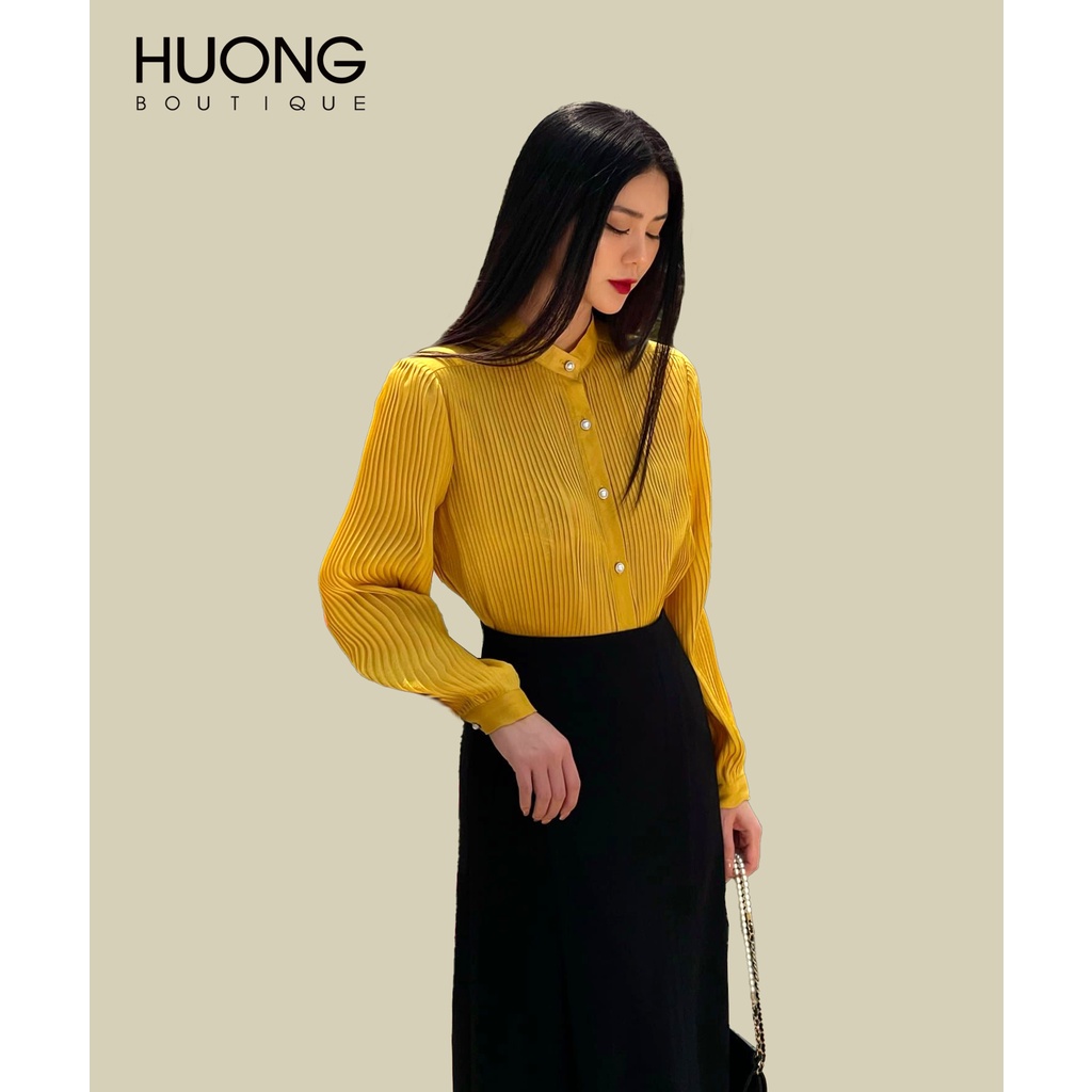 Áo sơ mi tơ tằm vàng dập li toàn thân HUONG BOUTIQUE HBSM951