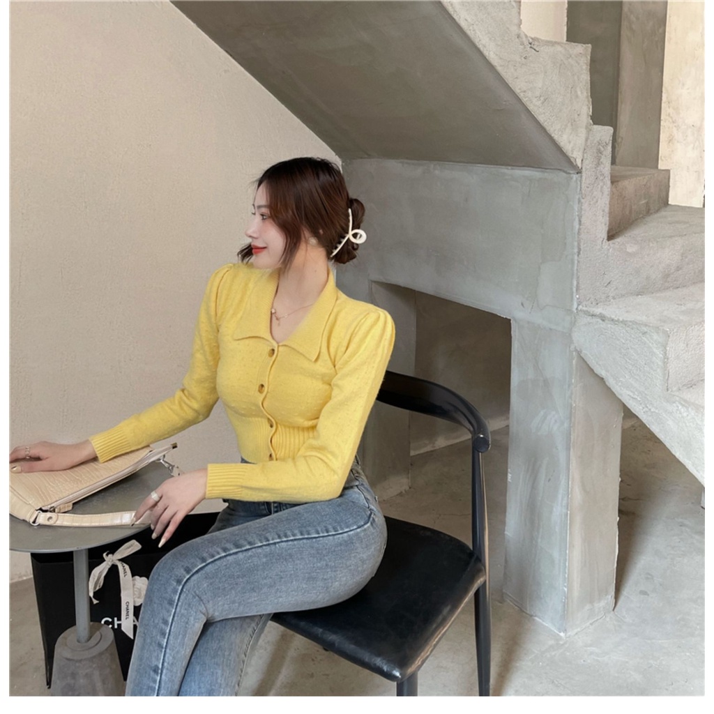 Áo cardigan ZHELIHANGFEI dệt kim tay dài cổ bẻ dáng ôm eo cao kiểu Pháp quyến rũ