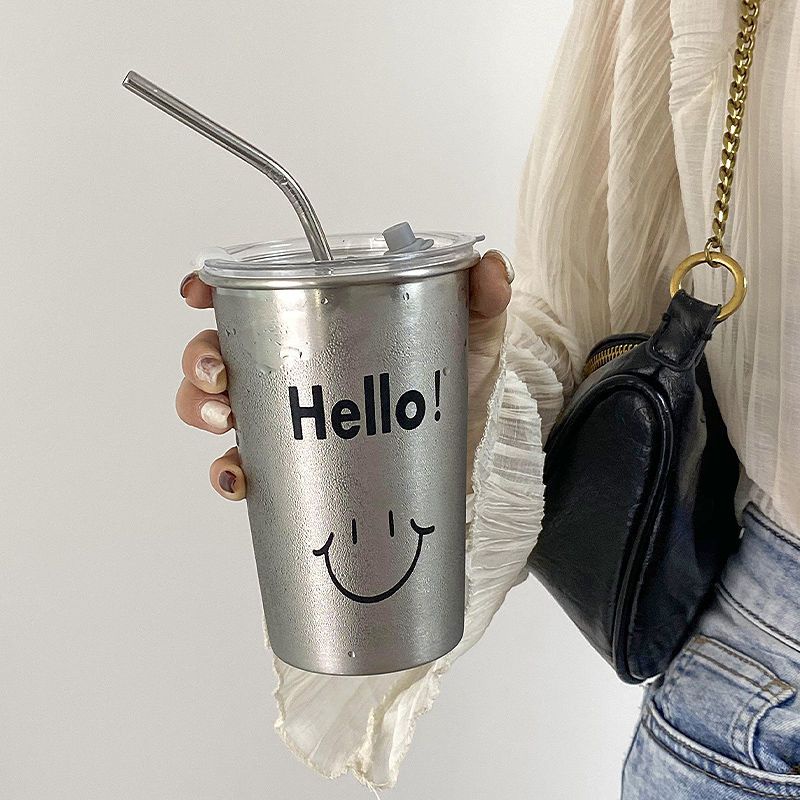 Cốc Uống Nước Bằng Thép Không Gỉ 304 Có Nắp Và Ống Hút Chống Rơi Tiện Dụng