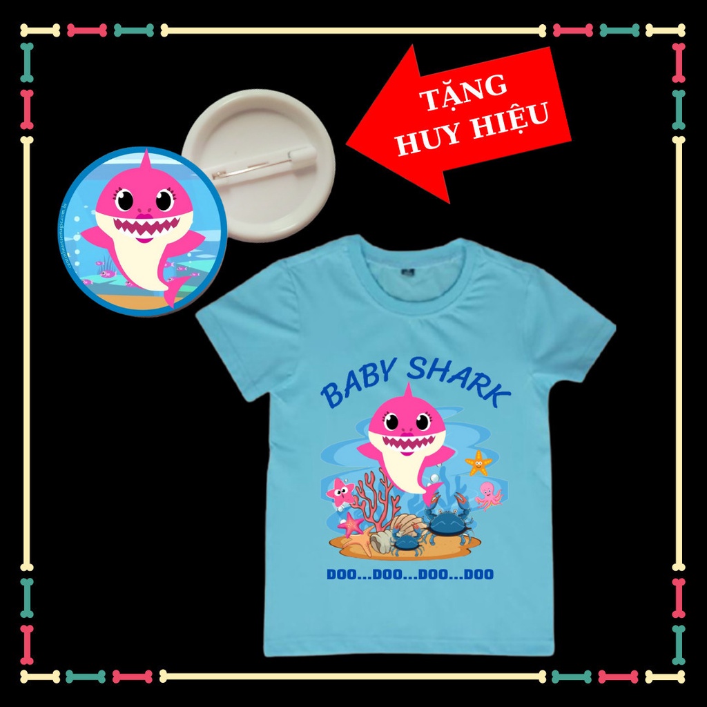 Áo thun Baby Shark bé gái, bé trai dễ thương, vải thun co giãn 4 chiều, đủ size áo, kèm huy hiệu Babyshark