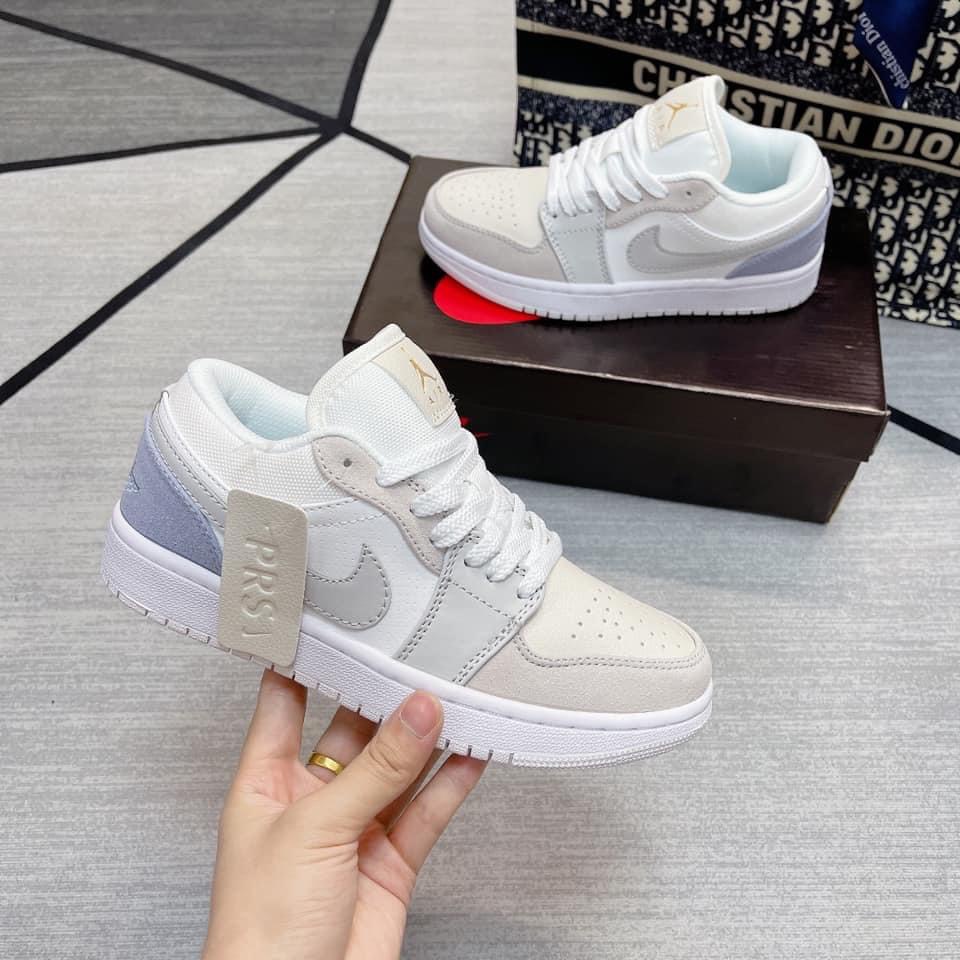 Giày Jordan paris cổ thấp xám gót xanh nam nữ, Giày Jordan 1 cổ thấp màu xám trắng, Sneaker air JD1 low bản đẹp full box