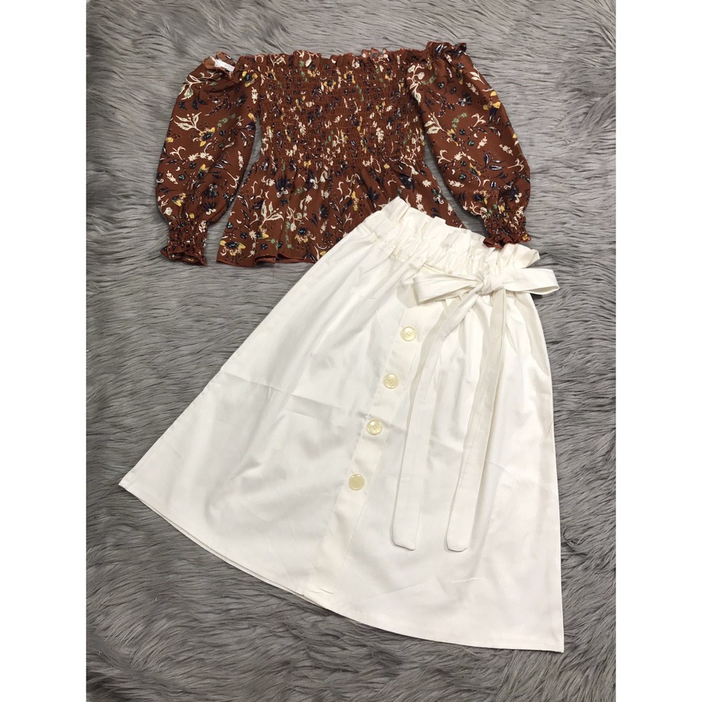 Chân váy kaki xòe hàng nút phối nhún dày dặn buộc nơ xinh | BigBuy360 - bigbuy360.vn