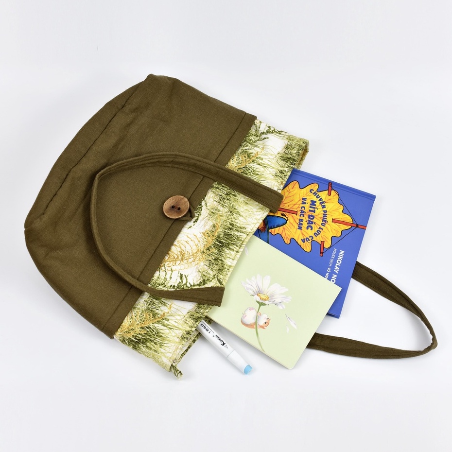 Túi tote size đại nhiều ngăn tiện dụng vải linen phối hoạ tiết độc đáo TÚI GROTE TAS - TOMATO HANDMADE
