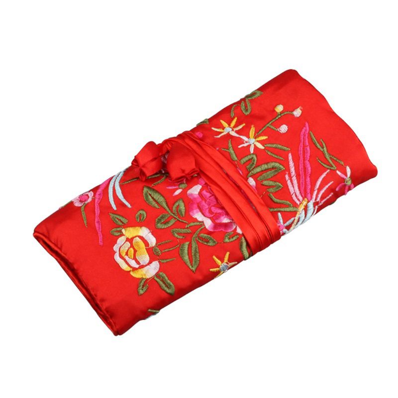 HO Oriental Silk Jewelry Roll Wrap Embroidery Jewellery Pouch Organizer Travel Ornaments Storage Case