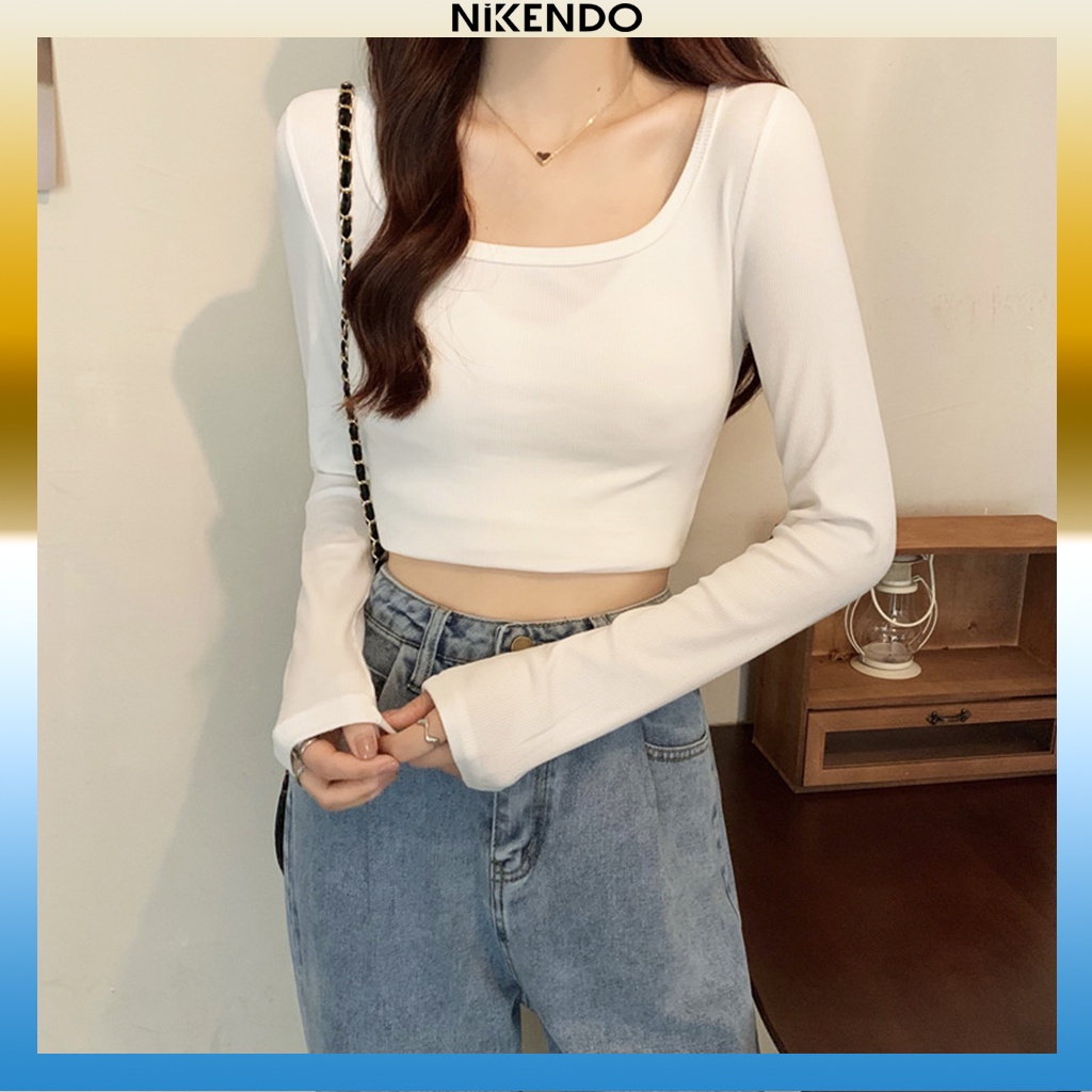 [Mã FAMARAL1 giảm 10K đơn 50K] Áo Croptop Tay Dài Cổ Vuông Màu Trơn Chất Cotton 4 chiều Phong Cách Hàn Quốc RT6