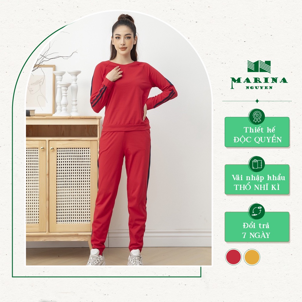 Đồ Bộ Thu Đông Nữ Dài Tay Marina Nguyễn Thiết Kế Hai Sọc Thể Thao, Vải Cotton Co Dãn, Thấm Hút Tốt - 821015