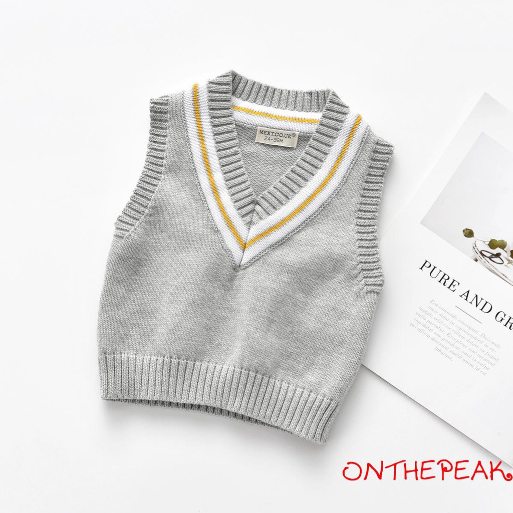 Áo len gile dệt kim mũi dày cổ V không tay có đường chỉ dưới eo cho trẻ em
