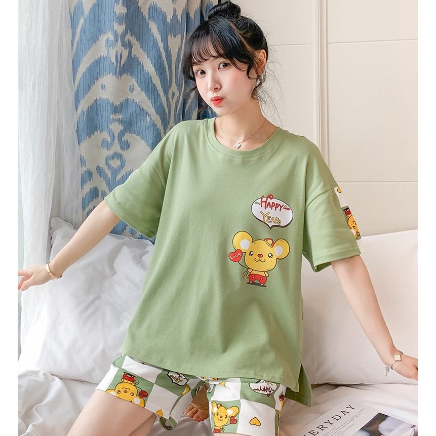 {evacici} Set Bộ Nữ ngủ Hè Cotton 100% siêu má,  Set bộ nữ ở nhà cộc tay icon hoạt hình CON Chuột SIÊU HOT