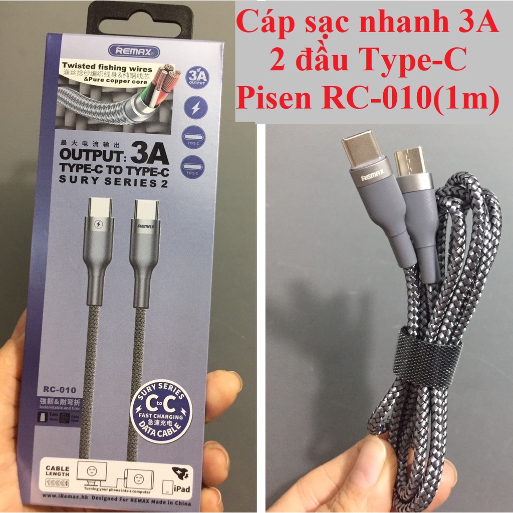Cáp sạc nhanh 2 đầu type-C hỗ trợ 3A Pisen RC-010 (1m)