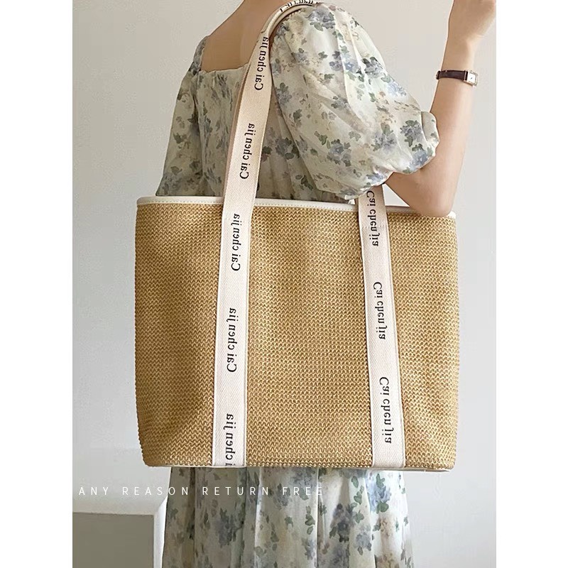 Túi tote đeo vai bằng cói dây đeo in chữ Caichenjia
