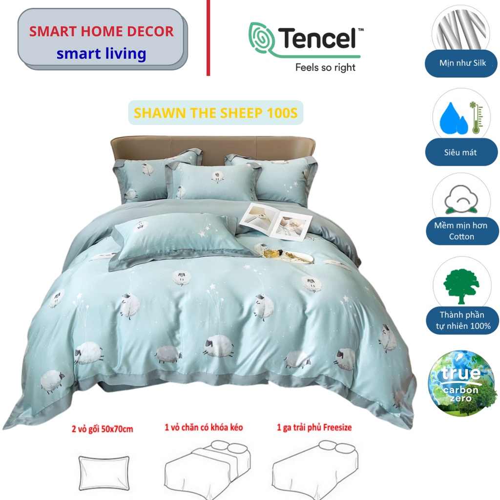 Bộ chăn ga gối cao cấp 100%Tencel 100s, Họa tiết cừu xinh cho bé, Siêu mềm mát mịn, bộ 4 món