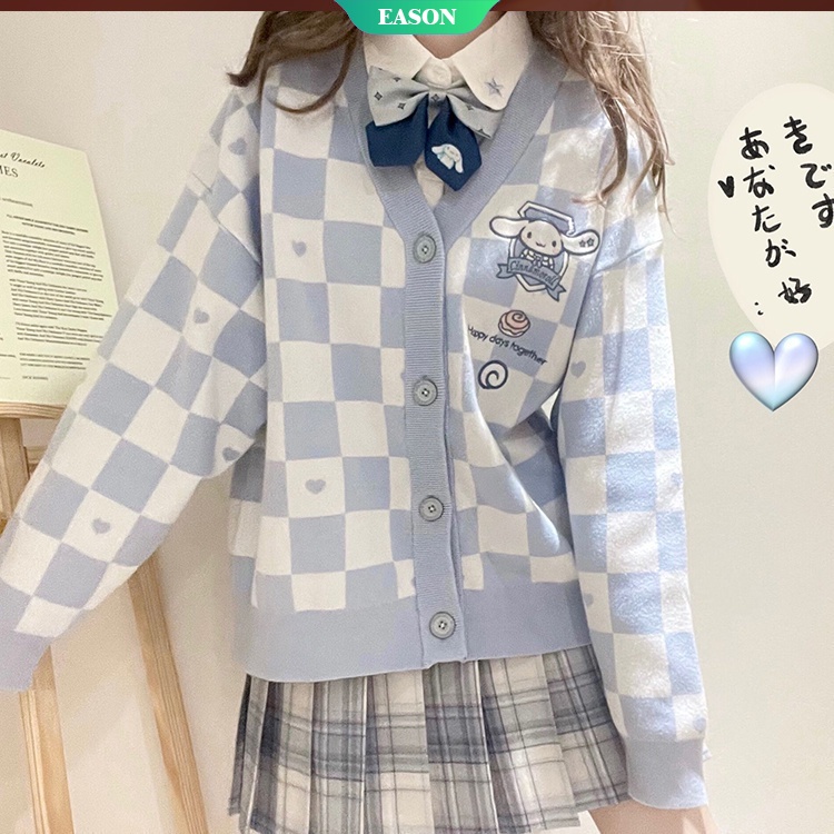 Sanrio Áo Khoác Cardigan Dệt Kim Dáng Rộng Thêu Hình Chú Chó Cinnamoroll Màu Tương Phản Dễ Thương Jk Phong Cách Preppy Cho Nữ
