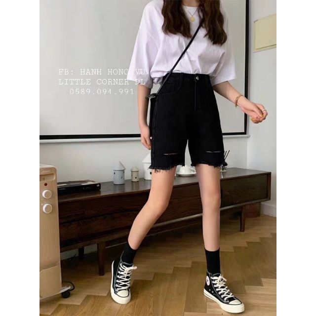 Quần ngố đen basic lưng cao co dãn rách ngang form ulzzang kèm ảnh thật