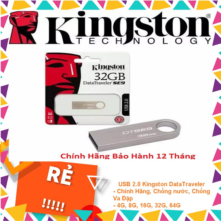 USB 2.0 Kingston DataTraveler SE9 4G, 8G, 16G, 32G, 64G Chính Hãng, Chống nước, Chống Va Đập Bảo Hành 12 Tháng