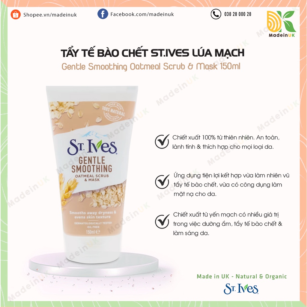 Sữa rửa mặt tẩy tế bào chết St.Ives Lúa Mạch Gentle Smoothing Scrub & Mask Oatmeal 150ml