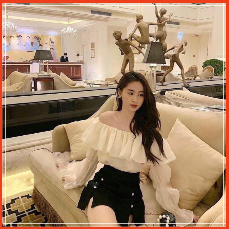 [ FreeShip ] Set áo tơ trễ vai chân váy cúc ngọc tiểu thư kèm ảnh thật + video thật Mã SS006