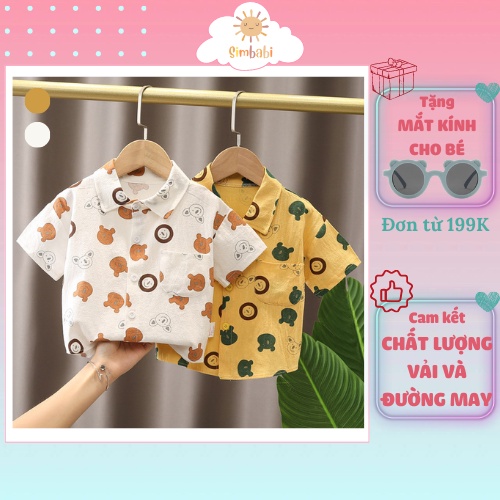 Áo sơ mi cho bé trai, áo bé trai chất vải xô xốp họa tiết gấu đáng yêu cho bé 8-16 kg