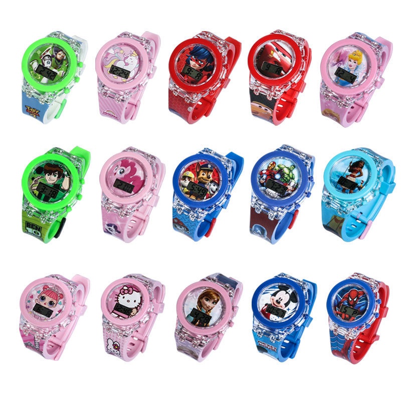 Đồng Hồ Đeo Tay Điện Tử Họa Tiết Marvel Spiderman Avengers Có Đèn Hello Kitty Dành Cho Trẻ Em