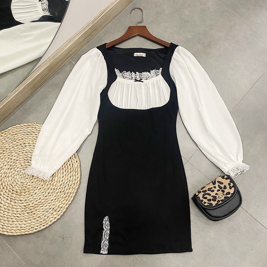 ĐẦM ĐEN PHỐI REN TRẮNG NGỰC VÀ CỔ TAY XẺ ĐÙI SANG CHẢNH - BUNNY DRESS | BigBuy360 - bigbuy360.vn
