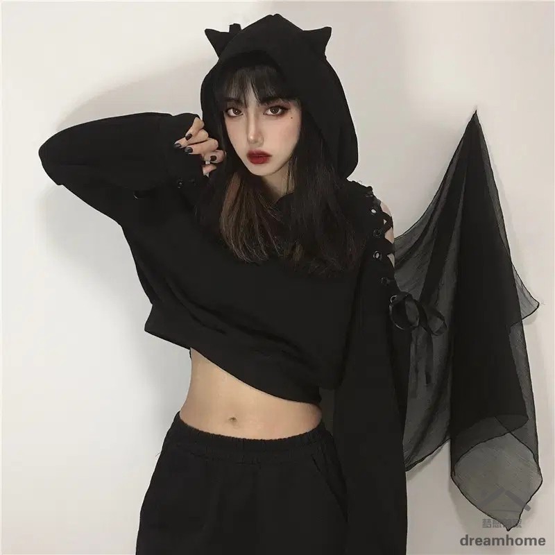 Áo Hoodie Màu Đen Dáng Rộng Phối Tai Mèo Dễ Thương Phong Cách Harajuku Cho Nữ