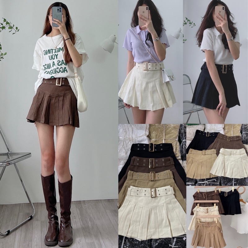 [Ảnh thật/Video]Chân Váy dập ly kèm đạ gấu xòe Serena thiết kế cạp to lưng cao