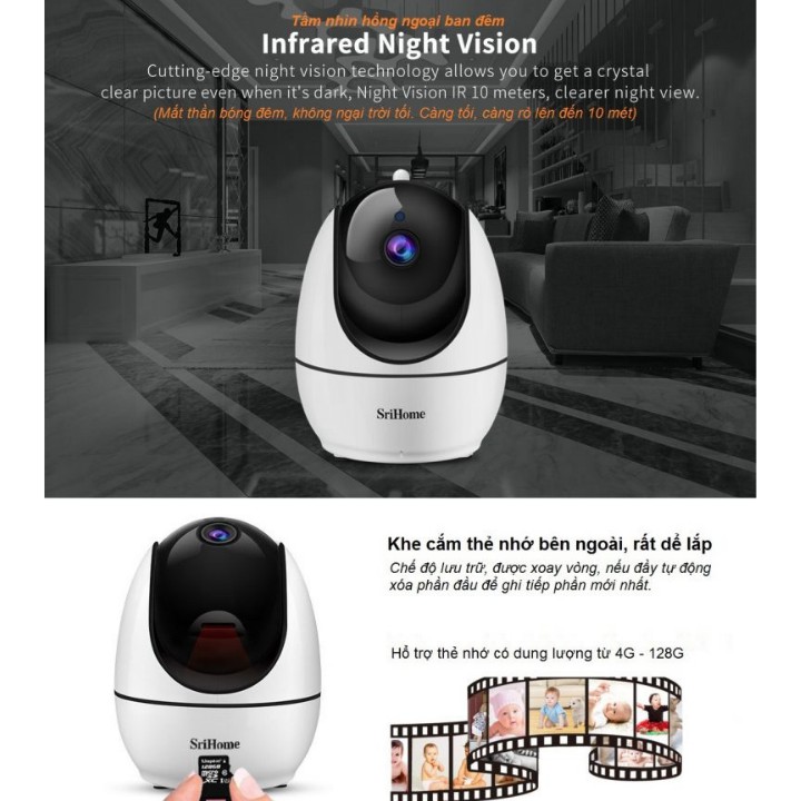 Camera Ip wifi Srihome Sh026 xoay 360 , 3.0Mpx , camera biến AI thông minh , đàm thoại 2 chiều