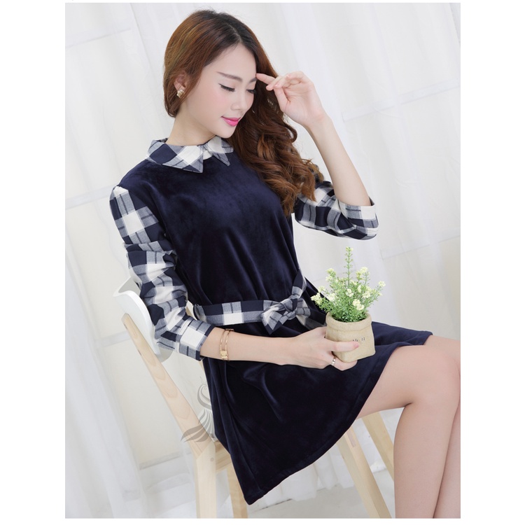 Đầm sơ mi nữ phối kẻ caro kèm dây thắt eo D23