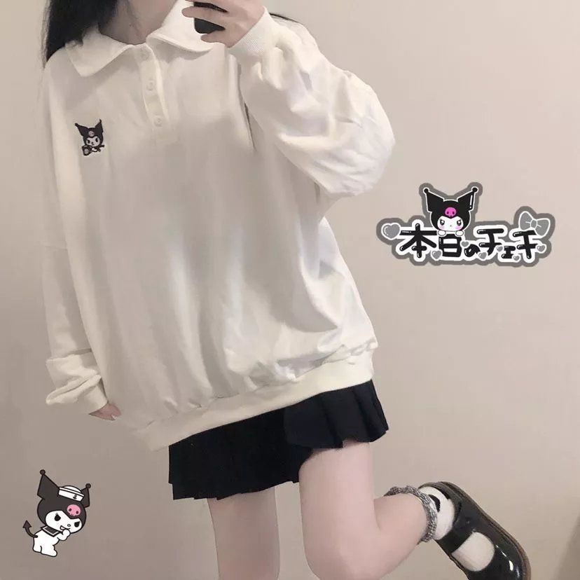 Áo sweater dáng rộng cổ bẻ thêu họa tiết dễ thương xinh xắn thời trang mùa thu