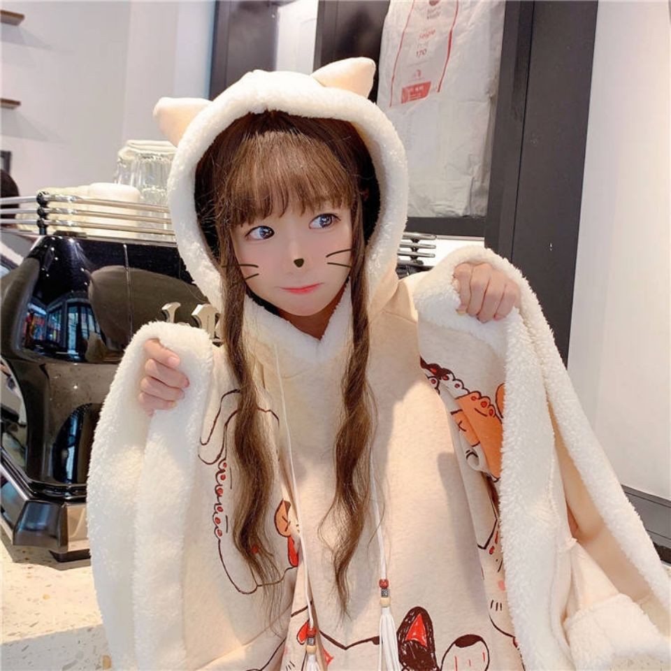 Áo Choàng Có Mũ Trùm Đầu Tai Mèo Chất Liệu Nhung Dày Dặn Mềm Mại Giữ Ấm Mùa Đông Phong Cách Nhật Bản Cho Nữ