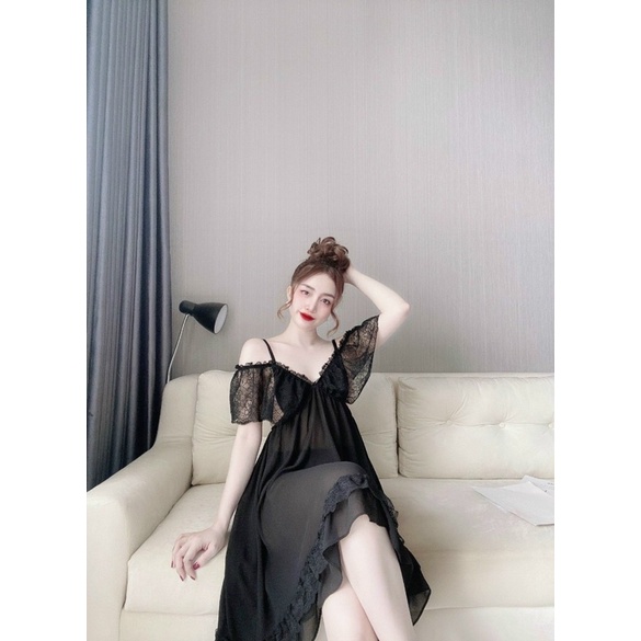 Đồ Ngủ Nữ Sexy, Váy Ngủ Nữ 2 Dây, chiffon bẹt vai kèm quần, freesize 40_65kg, tuỳ chiều cao