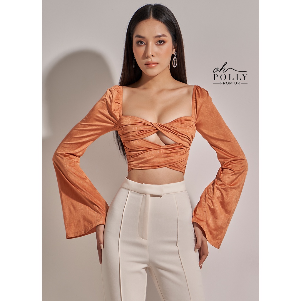 Oh Polly - Áo croptop tay dài khoét ngực, cổ vuông tay dài sexy