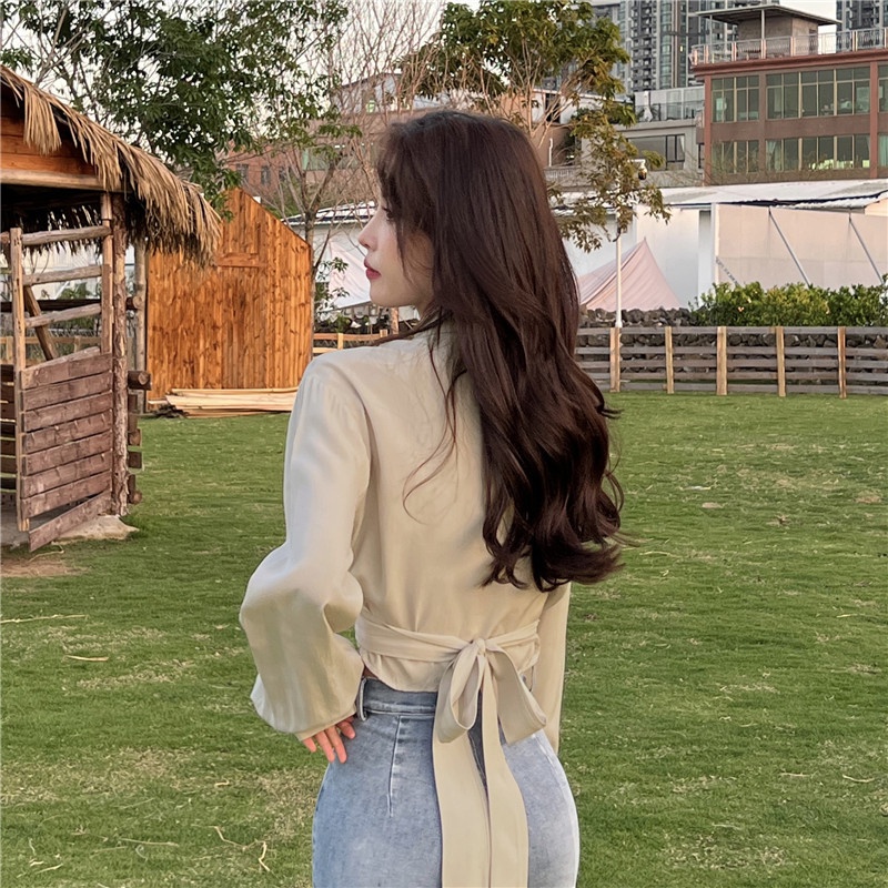 【ZHELIHANGFEI】Áo Sơ Mi Cổ Bẻ Lưng Cao Đính Nơ Trẻ Trung Quyến Rũ Dành Cho Nữ