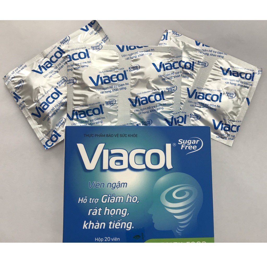 KẸO NGẬM VIACOL KHÔNG ĐƯỜNG HỘP 20 VIÊN-GIẢM HO, RÁT HỌNG, KHÀN TIẾNG