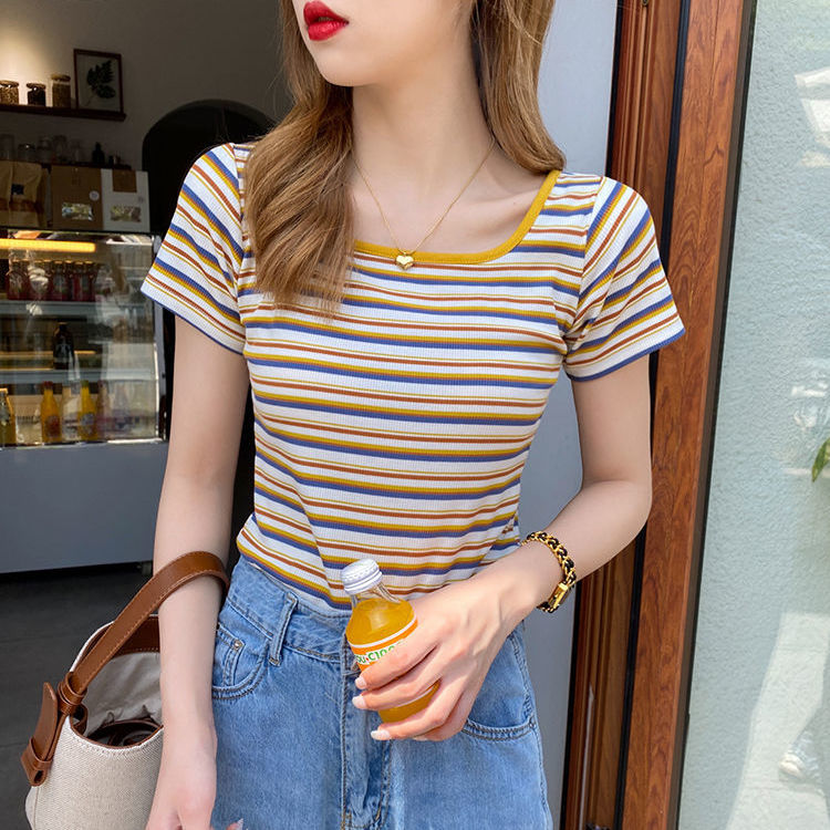 Áo thun BH cotton cổ vuông họa tiết kẻ sọc thời trang mùa hè 2021 cho nữ