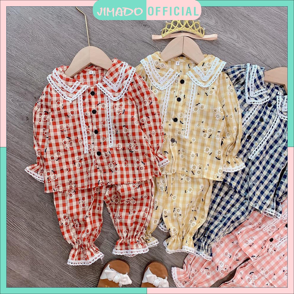 Bộ đồ bé gái chất thô dài tay thu đông kẻ caro phối ren cúc mở cho bé JIMADO SA1035