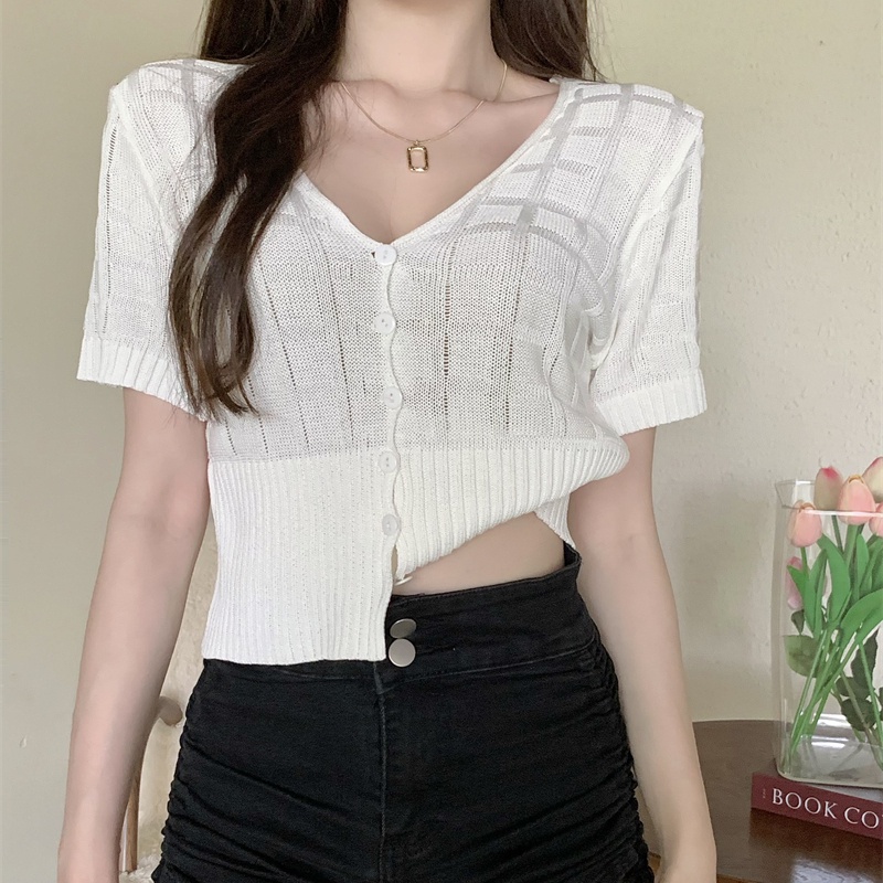 SUXI Áo Dệt Kim Ngắn Tay Cổ Chữ V Màu Sắc Trơn Thời Trang Mùa Hè Cho Nữ