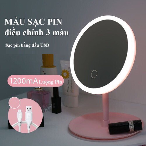 Gương Để Bàn Trang Điểm Có Đèn Led Cảm Ứng 3 Chế Độ Ánh Sáng Gương MakeUp